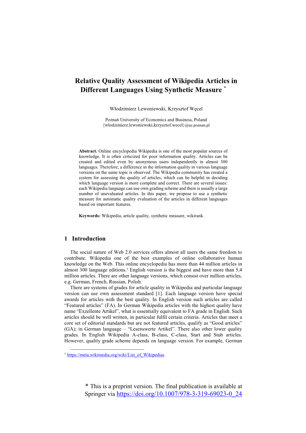 Relative Quality Assessment of Wikipedia Articles in Different Languages Using Synthetic Measure *