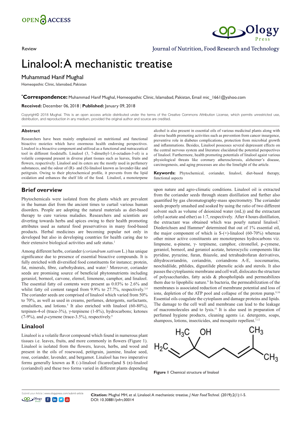 Linalool: a Mechanistic Treatise Muhammad Hanif Mughal Homeopathic Clinic, Islamabad, Pakistan