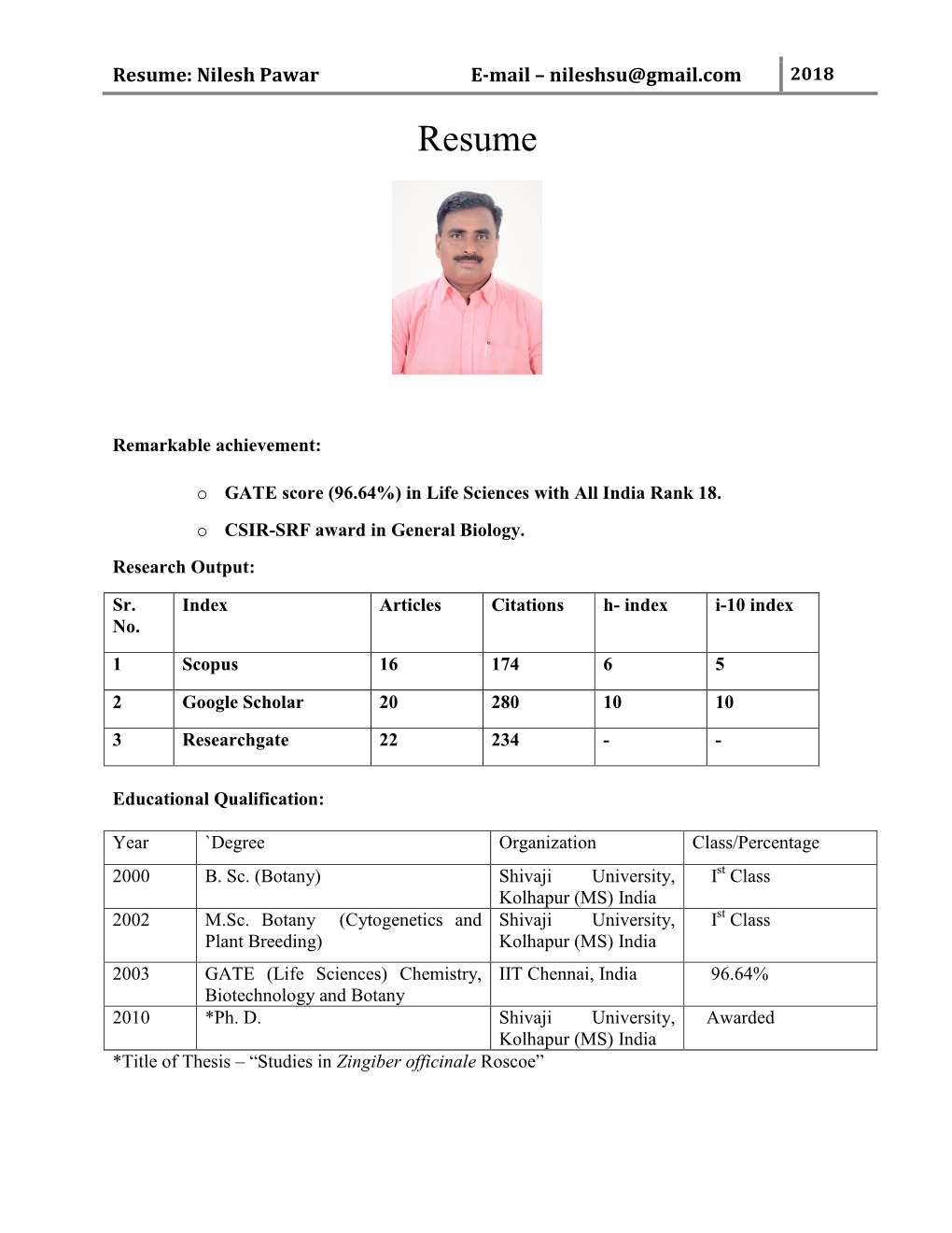 Resume: Nilesh Pawar E-Mail – Nileshsu@Gmail.Com 2018