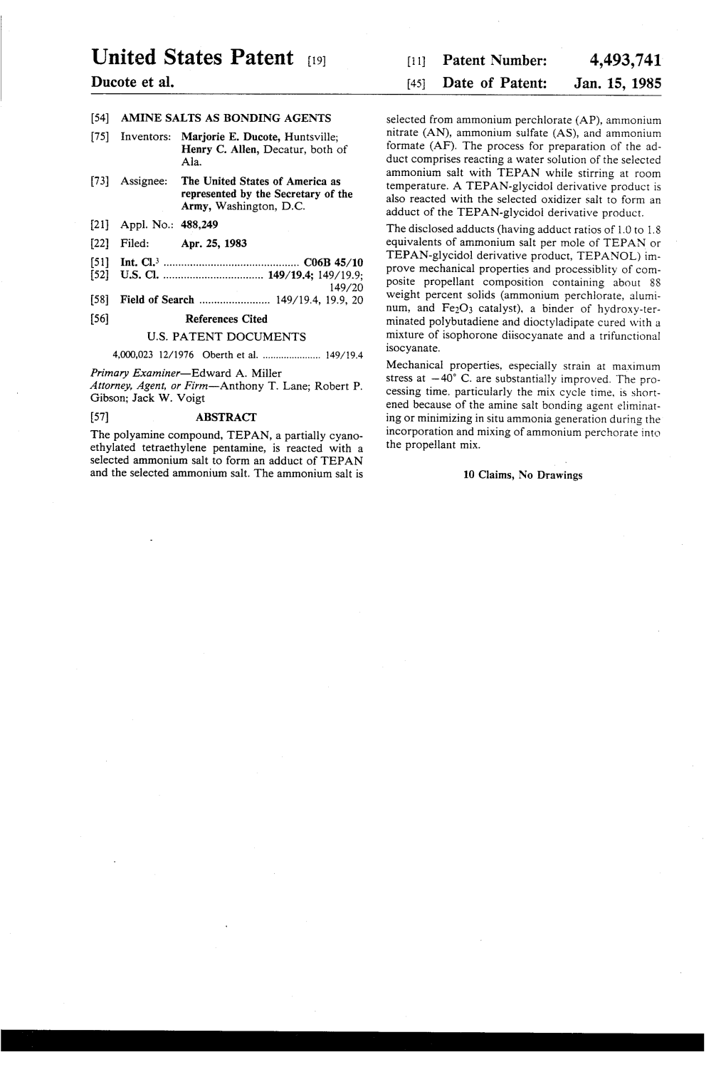 United States Patent (19) 11 Patent Number: 4,493,741 Ducote Et Al