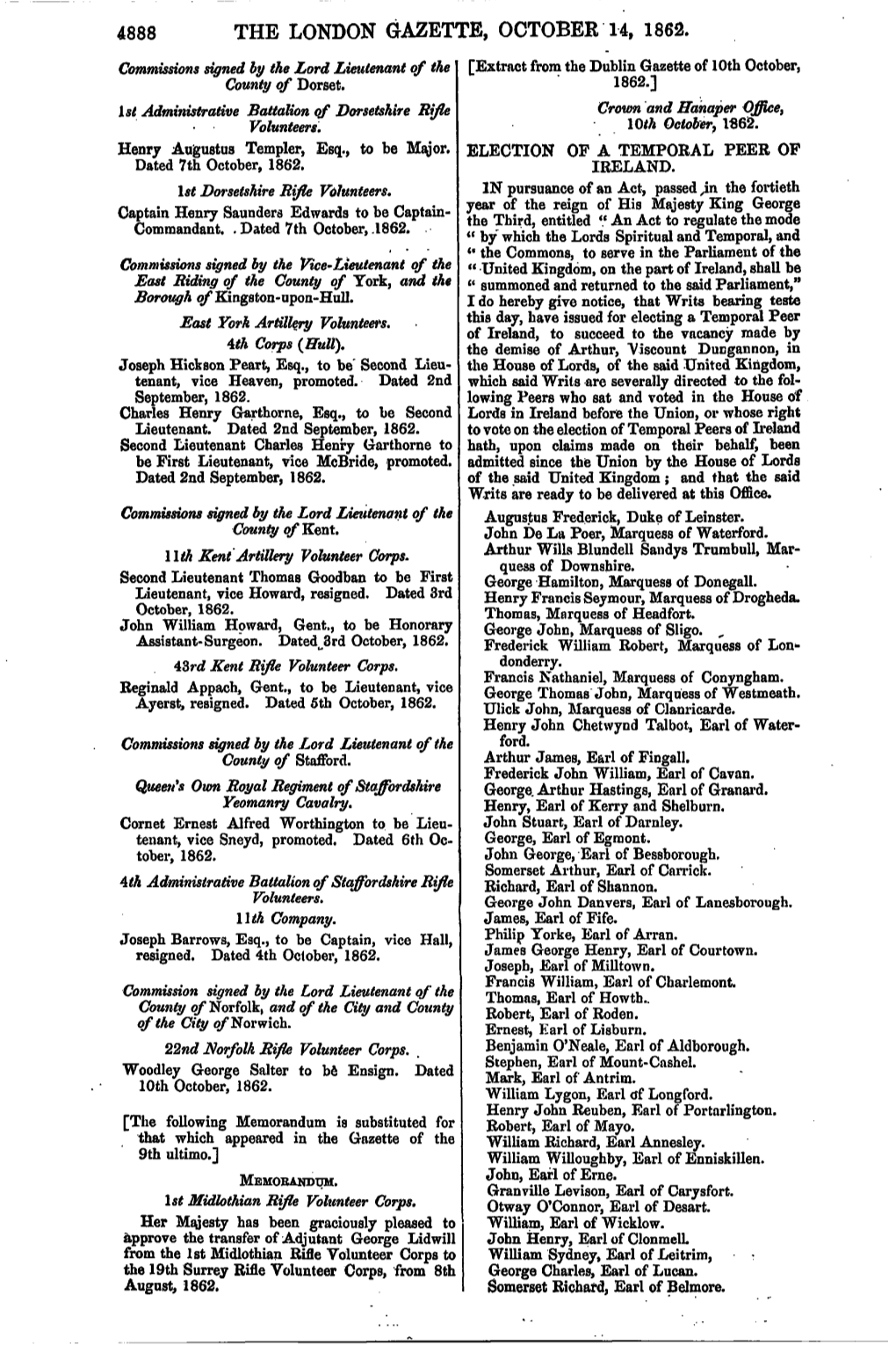 THE LONDON GAZETTE, OCTOBER 14, 1862. Commissions Signed by the Lord Lieutenant of the [Extract from the Dublin Gazette of 10Th October, County of Dorset