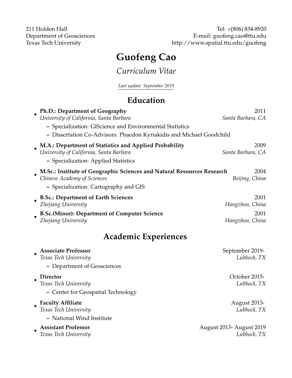 Guofeng.Cao@Ttu.Edu Texas Tech University Guofeng Cao Curriculum Vitae