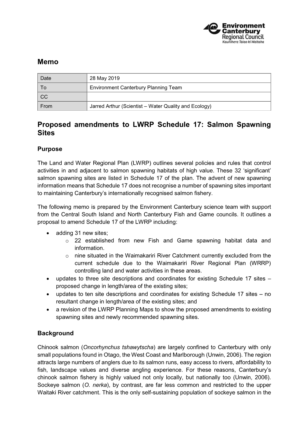 Proposed Amendments to LWRP Schedule 17: Salmon Spawning Sites