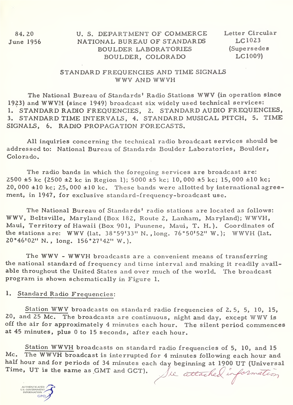 Standard Frequencies and Time Signals Wwv and Wwvh