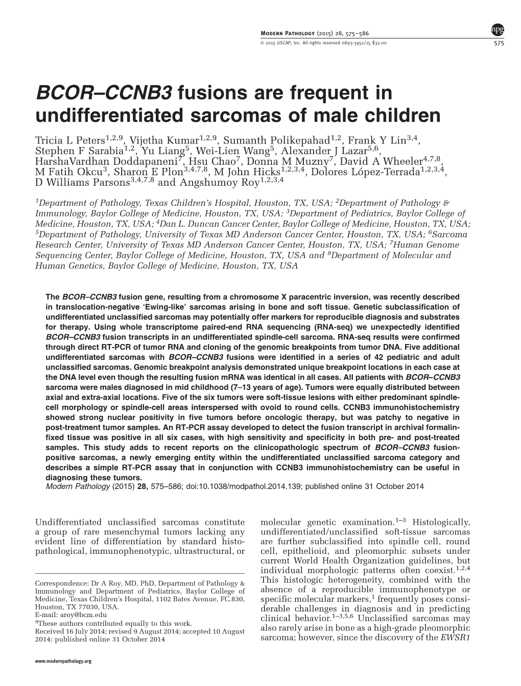 CCNB3 Fusions Are Frequent in Undifferentiated Sarcomas of Male