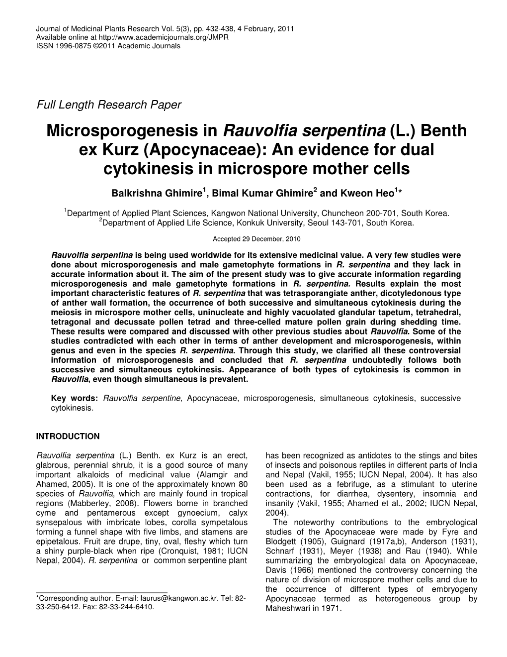 Apocynaceae): an Evidence for Dual Cytokinesis in Microspore Mother Cells