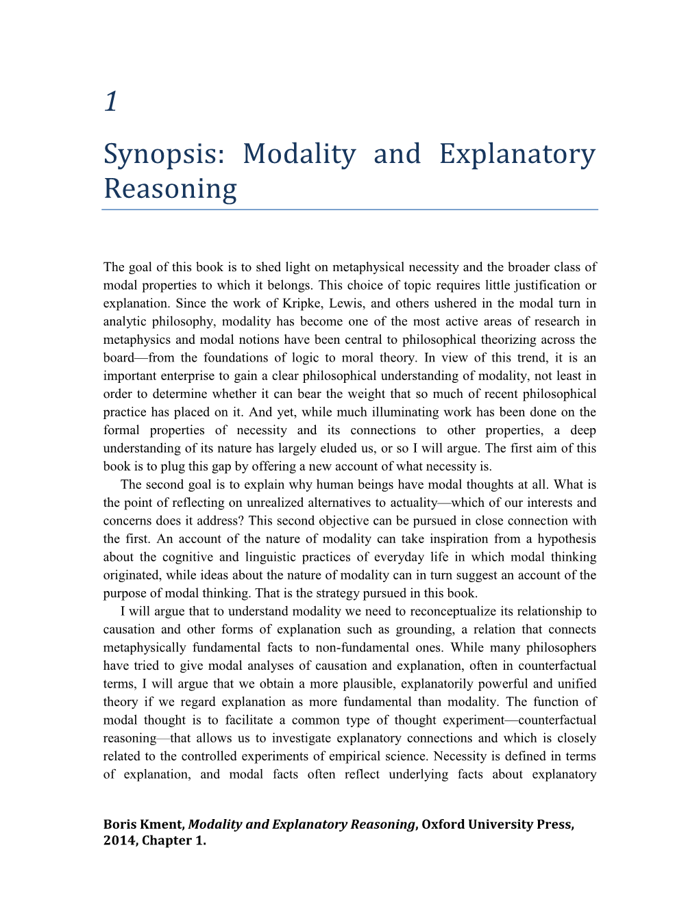 1 Synopsis: Modality and Explanatory Reasoning