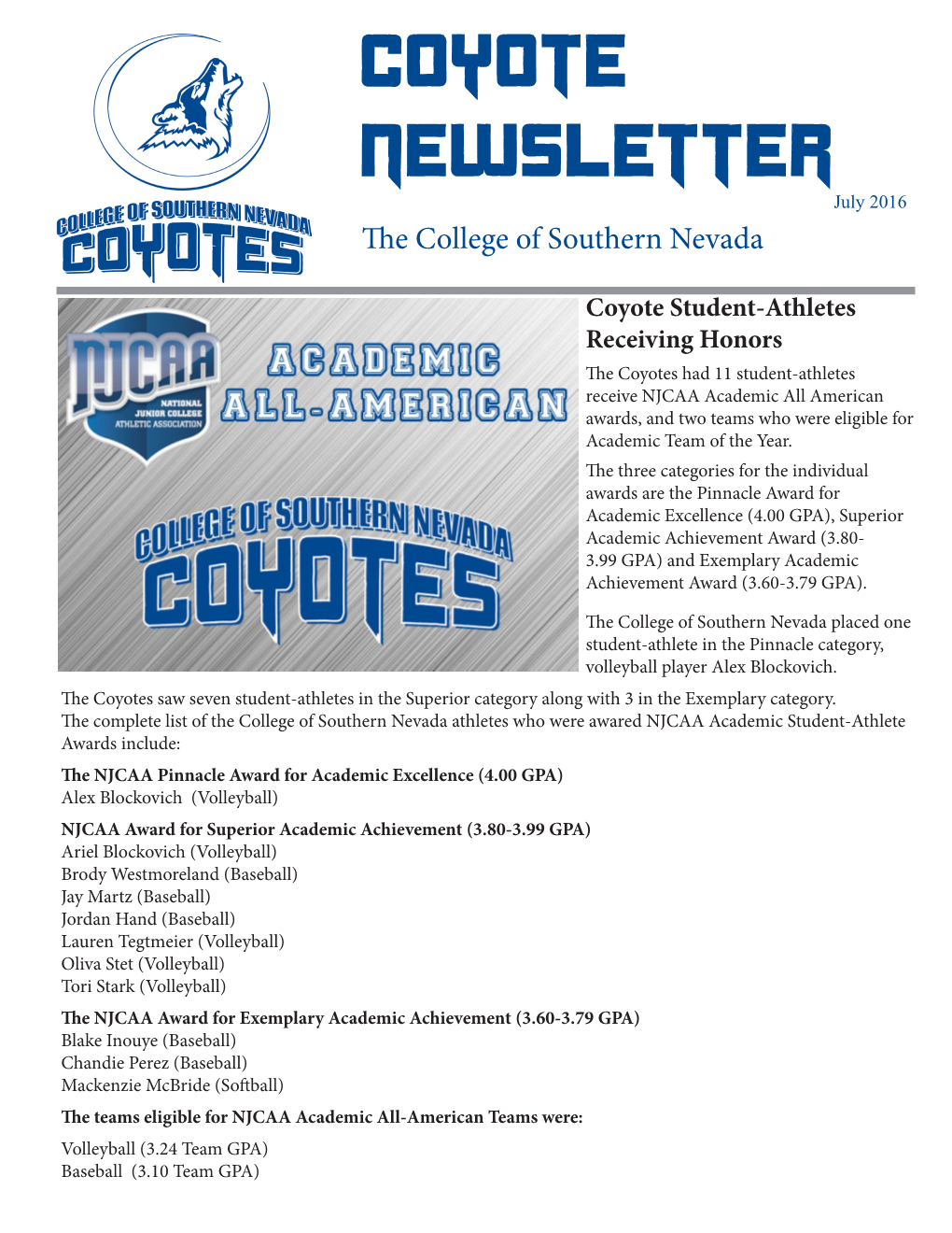 Coyote Newsletter July 2016 the College of Southern Nevada