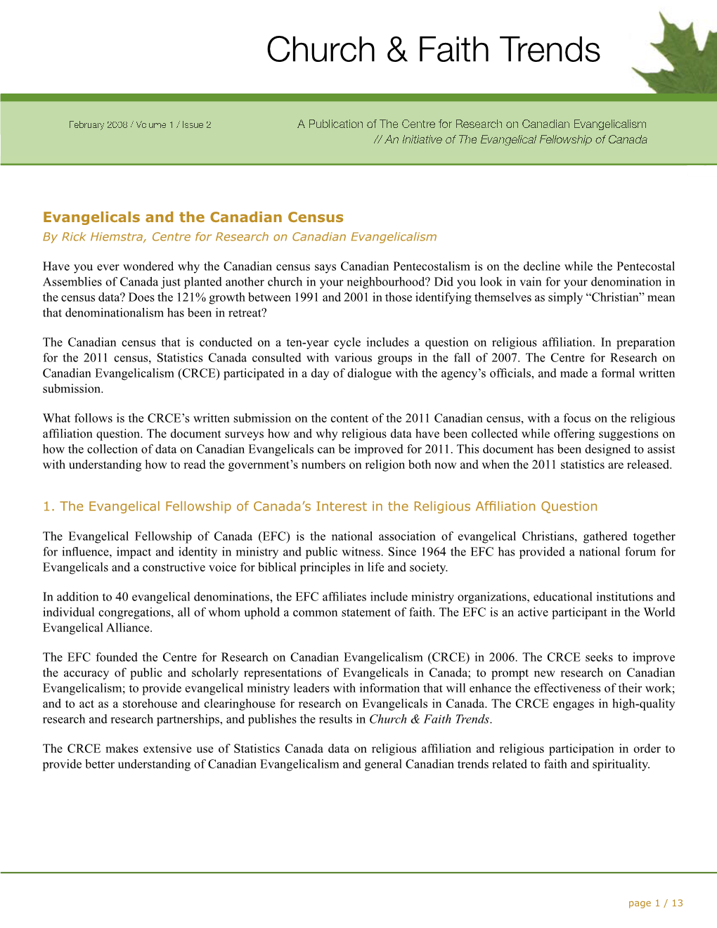 Evangelicals and the Canadian Census by Rick Hiemstra, Centre for Research on Canadian Evangelicalism