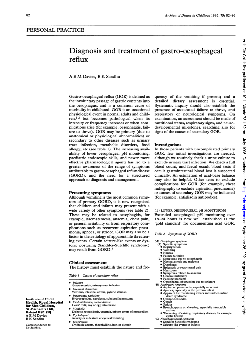 Diagnosis and Treatment of Gastro-Oesophageal Reflux