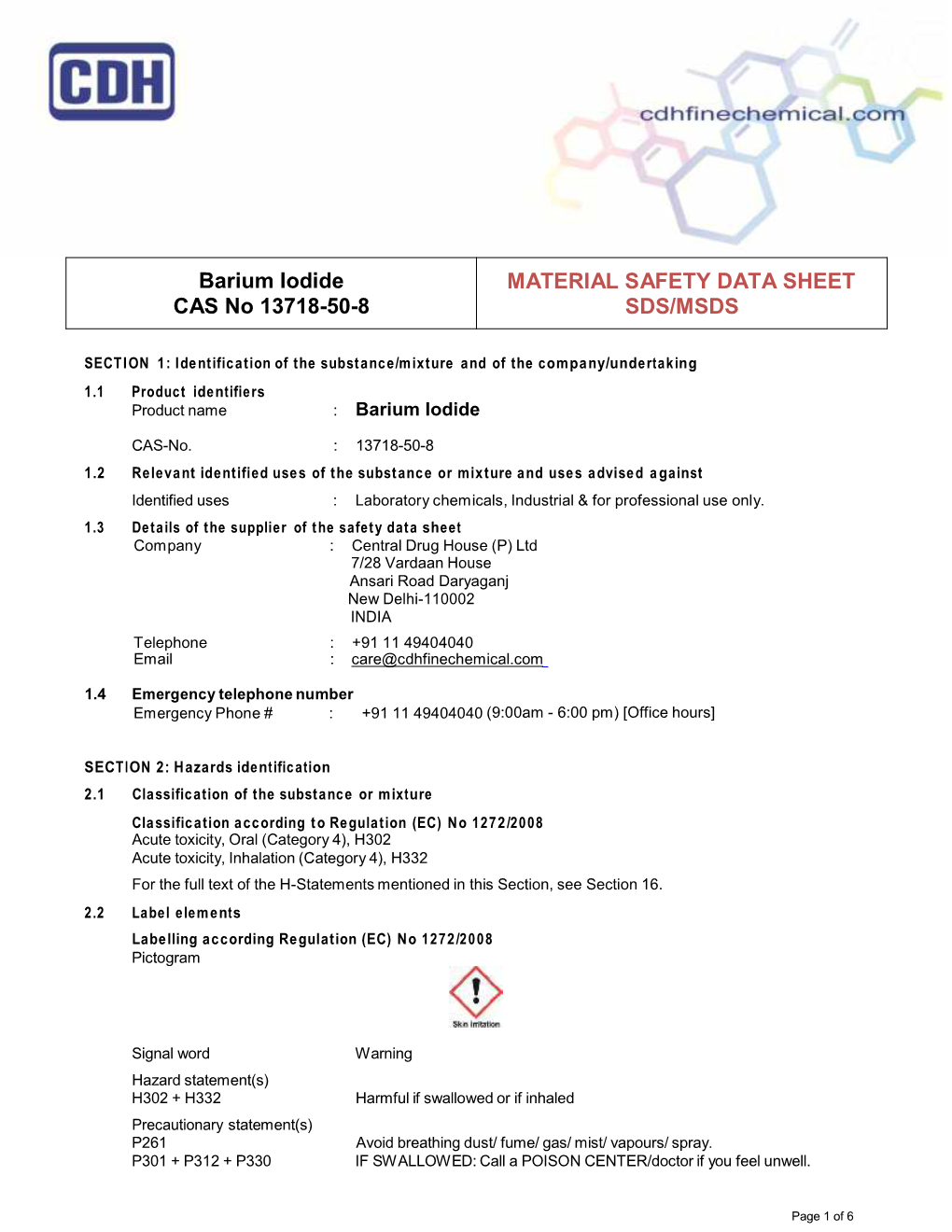 Barium Iodide CAS No 13718-50-8 MATERIAL SAFETY DATA SHEET SDS/MSDS