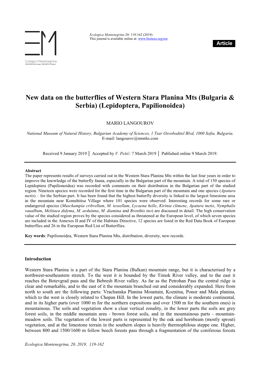 New Data on the Butterflies of Western Stara Planina Mts (Bulgaria & Serbia) (Lepidoptera, Papilionoidea)