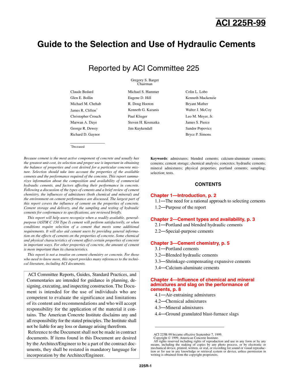 Guide to the Selection and Use of Hydraulic Cements ACI 225R-99