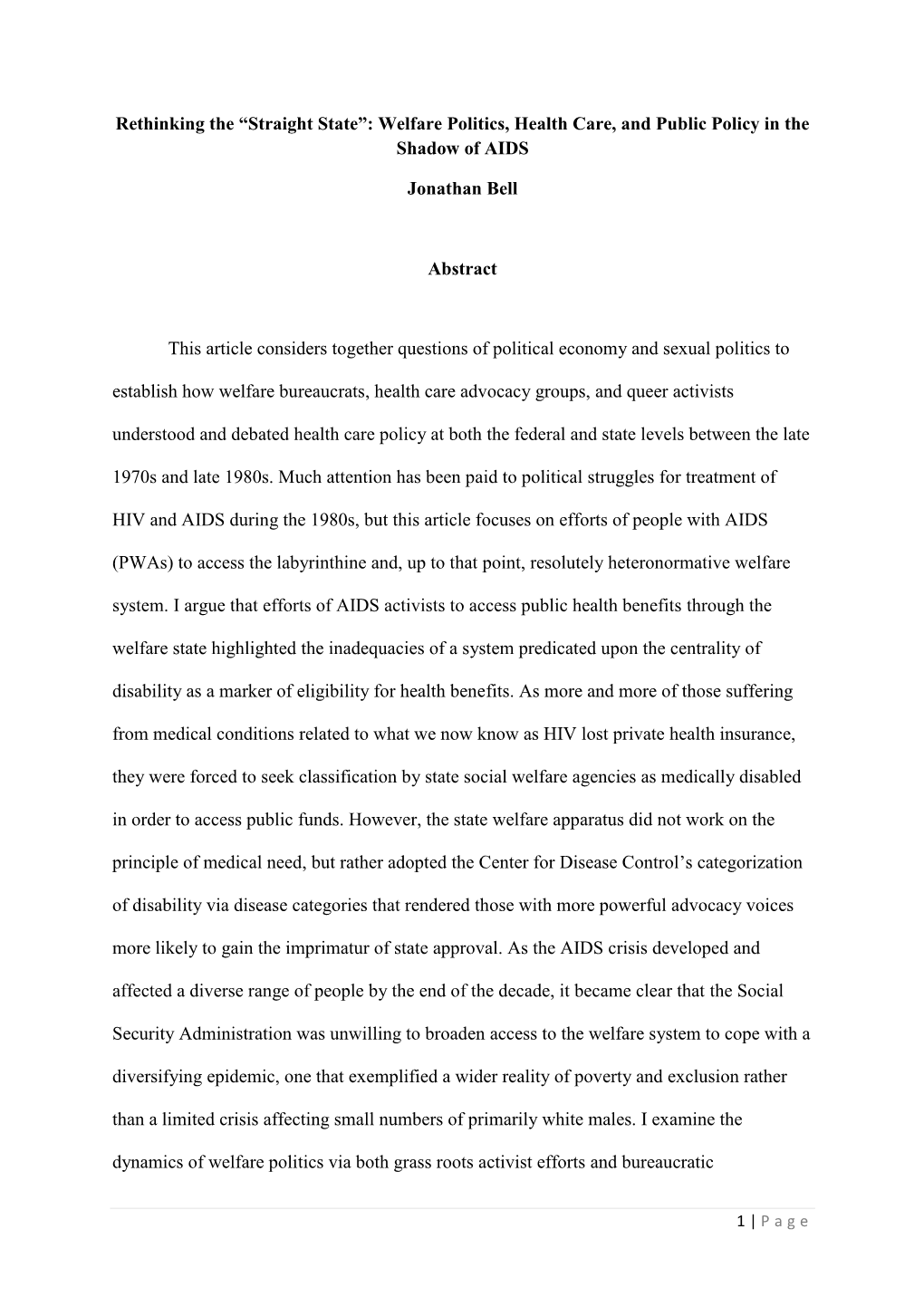 Rethinking the “Straight State”: Welfare Politics, Health Care, and Public Policy in the Shadow of AIDS