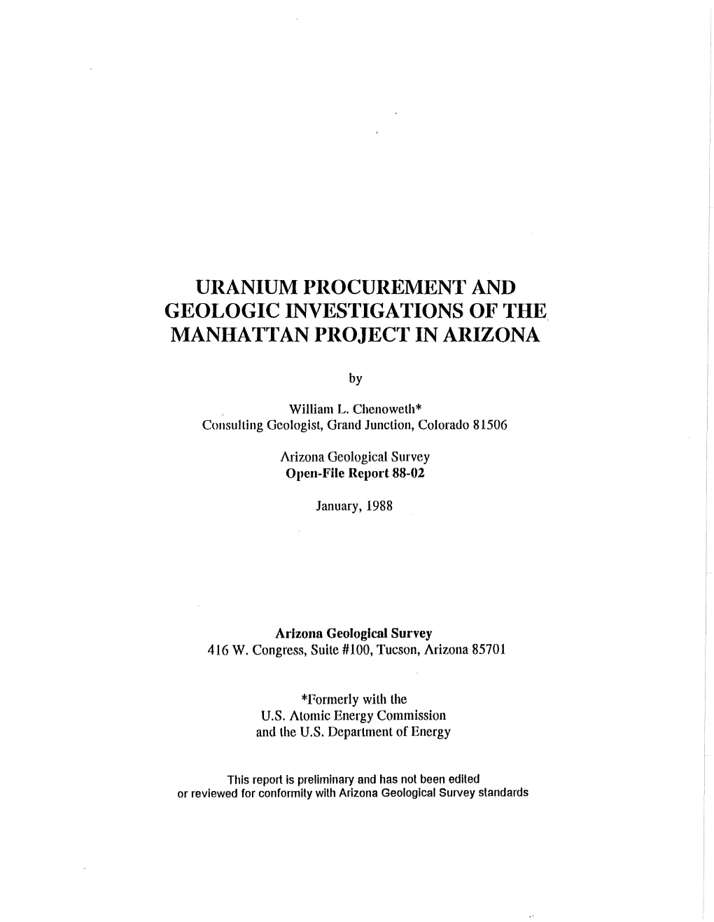 URANIUM PROCUREMEN1' and GEOLOGIC Invesr-Figations OI? R-Fi-IE, MANI-IATTAN PROJEC1' in ARIZONA