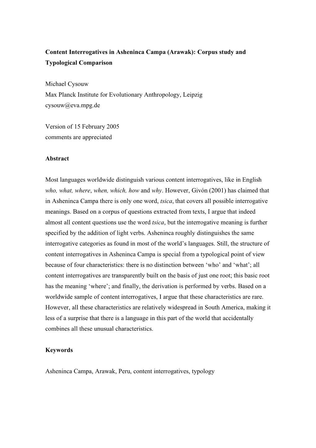 Content Interrogatives in Asheninca Campa (Arawak): Corpus Study and Typological Comparison