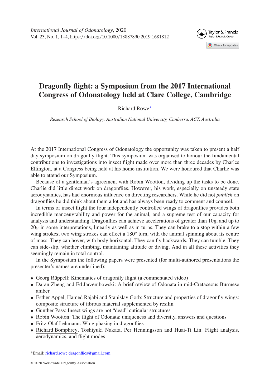 Dragonfly Flight: a Symposium from the 2017 International Congress Of