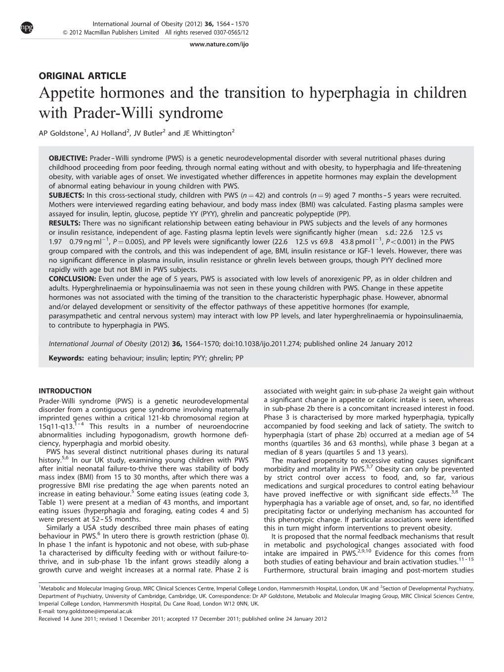 Appetite Hormones and the Transition to Hyperphagia in Children with Prader-Willi Syndrome