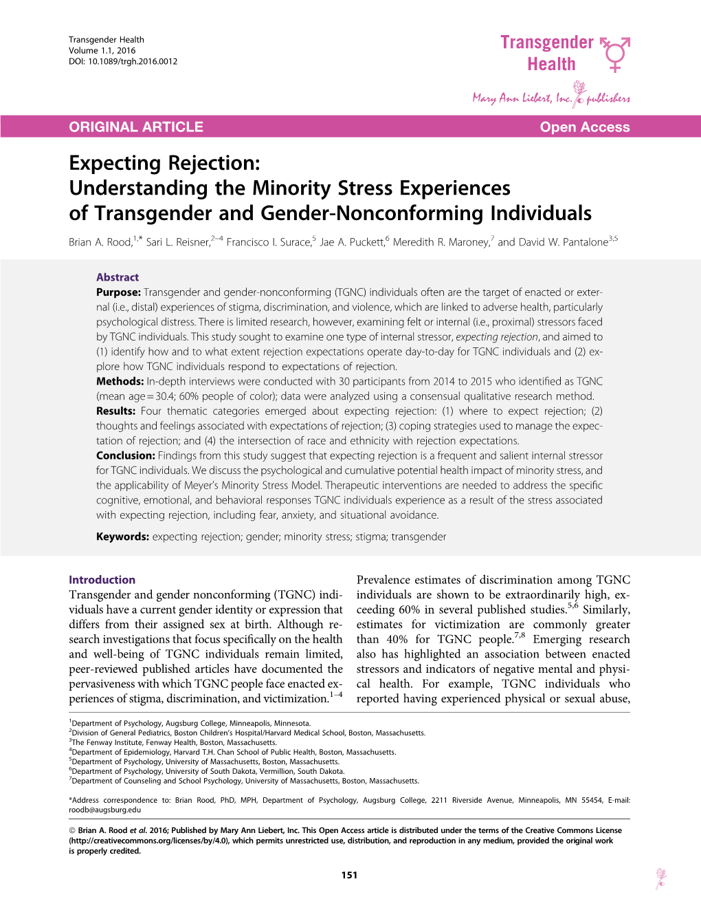 Expecting Rejection: Understanding the Minority Stress Experiences of Transgender and Gender-Nonconforming Individuals