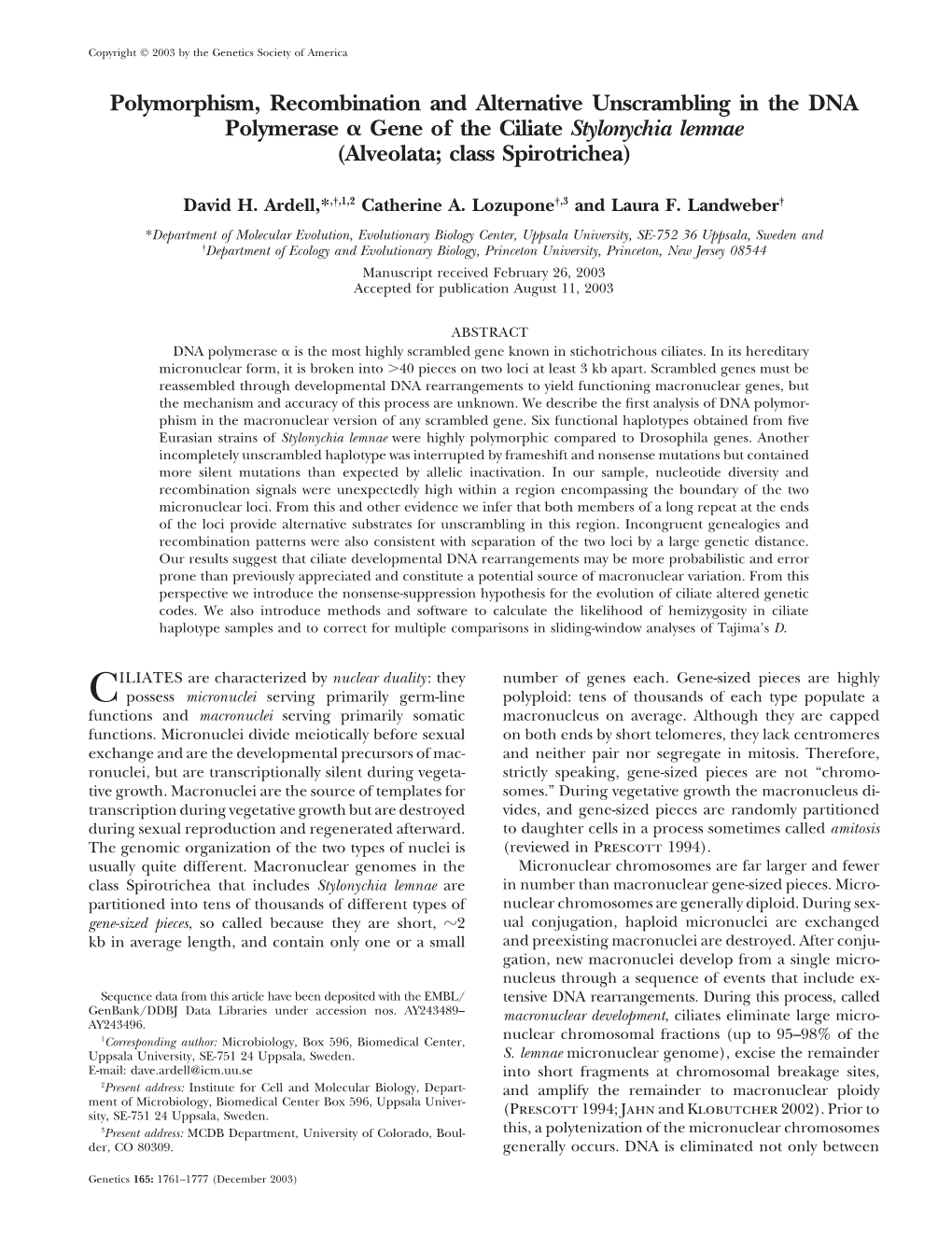 Polymorphism, Recombination and Alternative Unscrambling in the DNA Polymerase ␣ Gene of the Ciliate Stylonychia Lemnae (Alveolata; Class Spirotrichea)