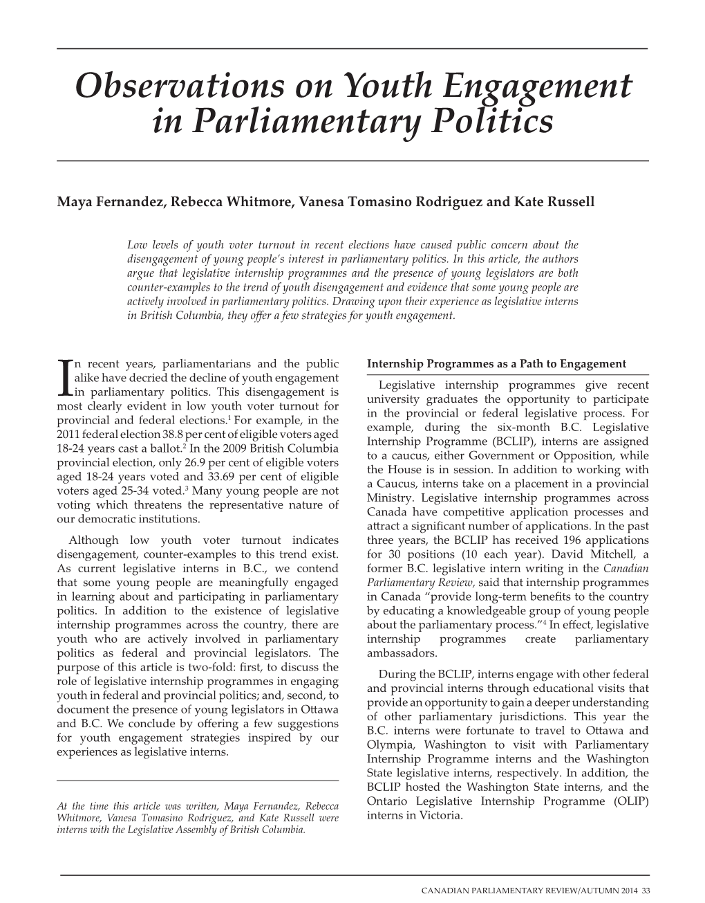 Observations on Youth Engagement in Parliamentary Politics