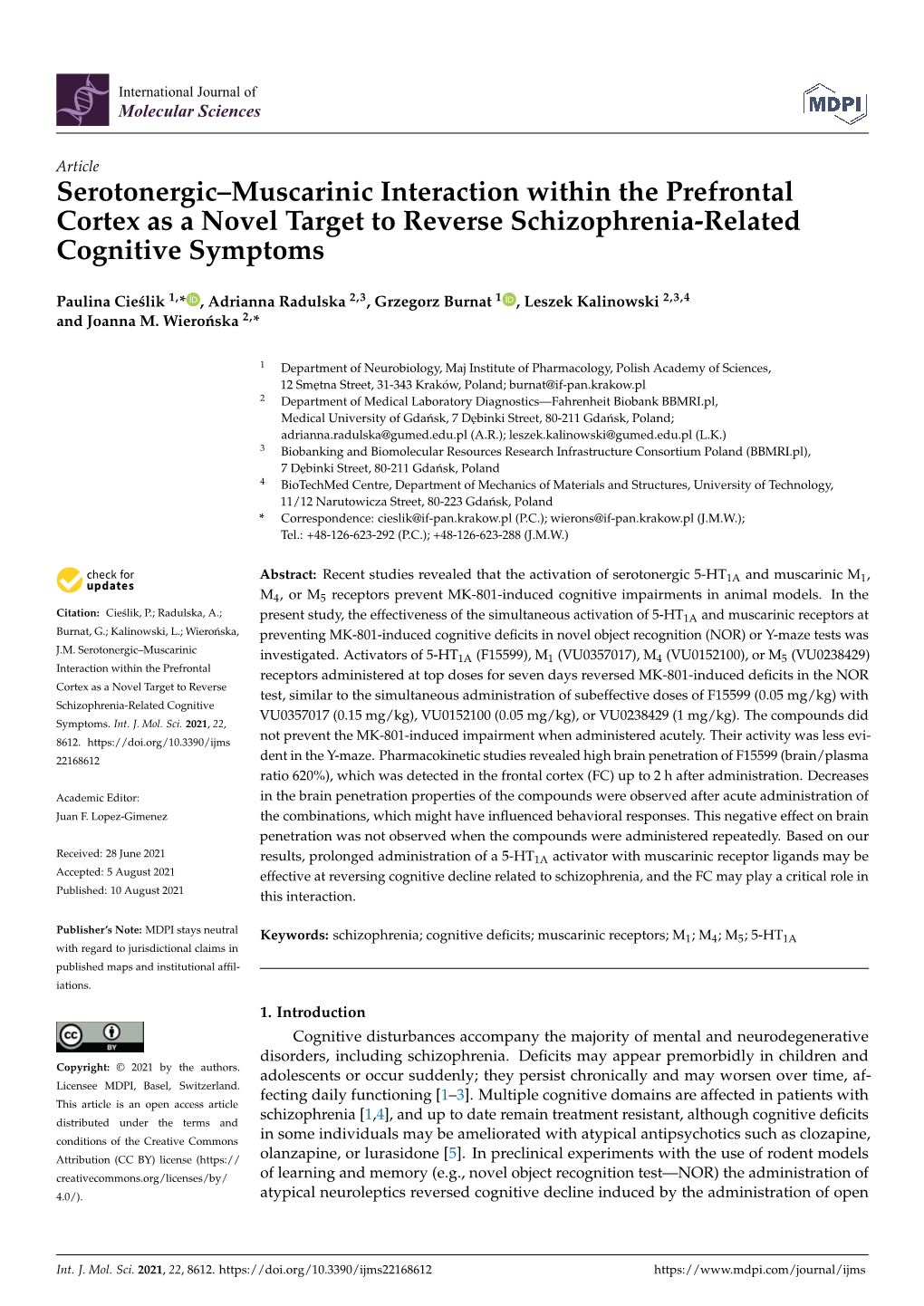 Serotonergic–Muscarinic Interaction Within the Prefrontal Cortex As a Novel Target to Reverse Schizophrenia-Related Cognitive Symptoms