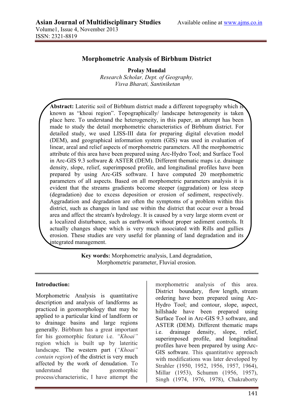 Morphometric Analysis of Birbhum District Prolay Mondal Research Scholar, Dept