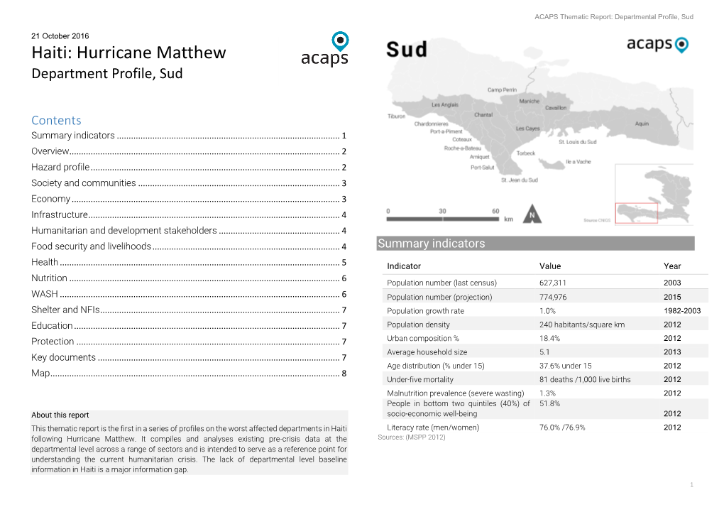 Haiti: Hurricane Matthew Department Profile, Sud