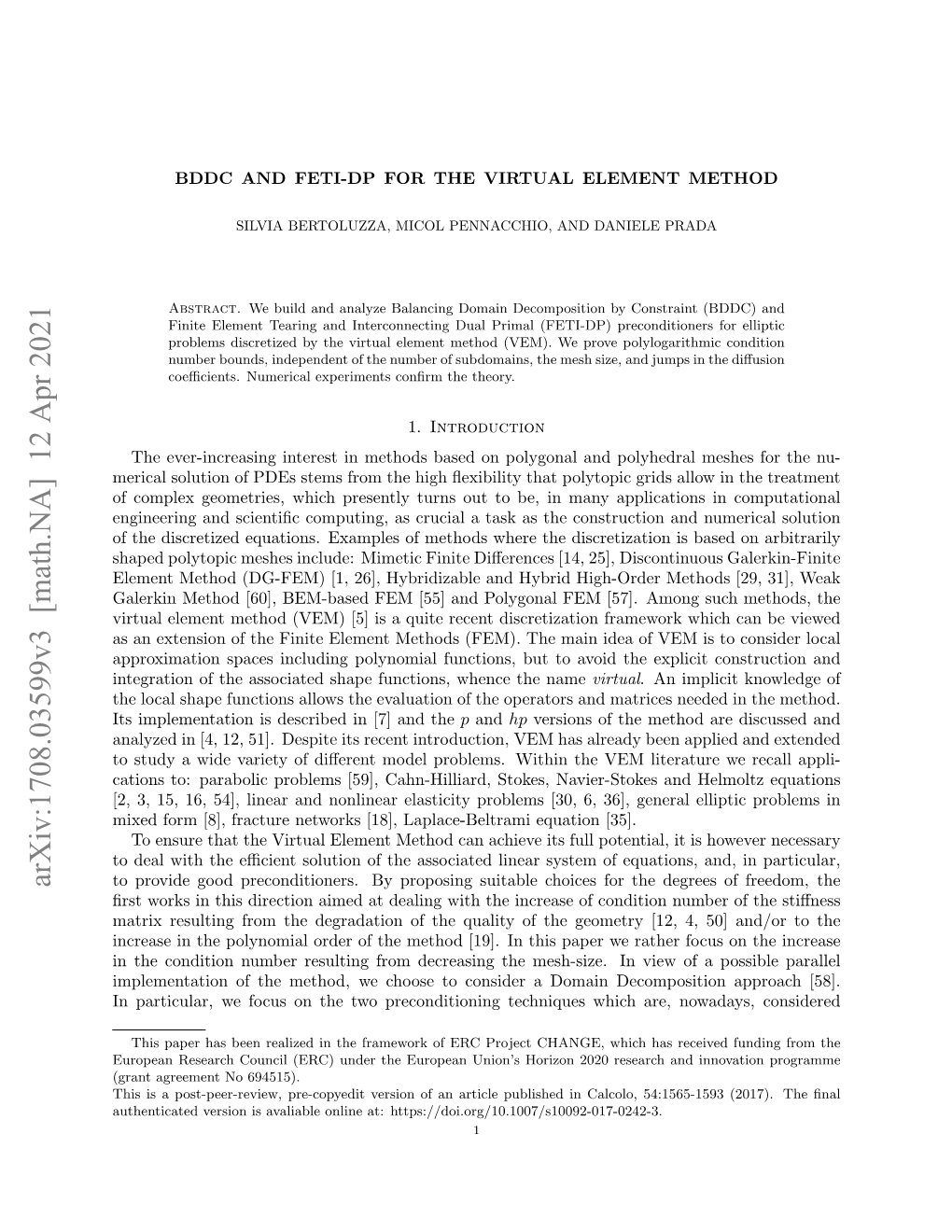 Arxiv:1708.03599V3 [Math.NA] 12 Apr 2021 to Provide Good Preconditioners