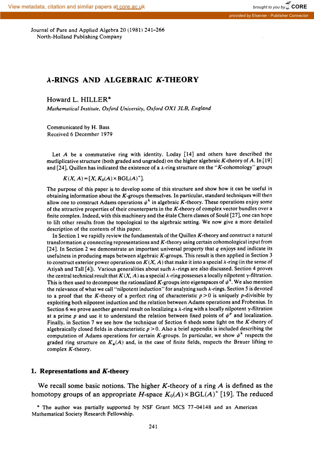 A-RINGS and ALGEBRAIC K-THEORY Howard L. HILLER* We