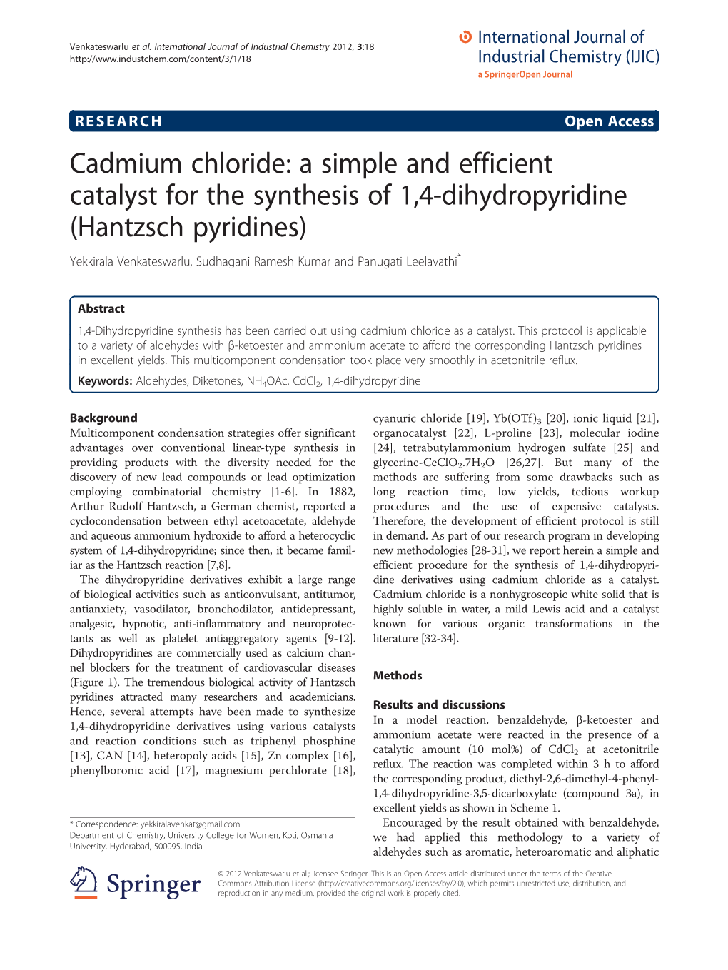 Cadmium Chloride: a Simple and Efficient Catalyst for the Synthesis Of