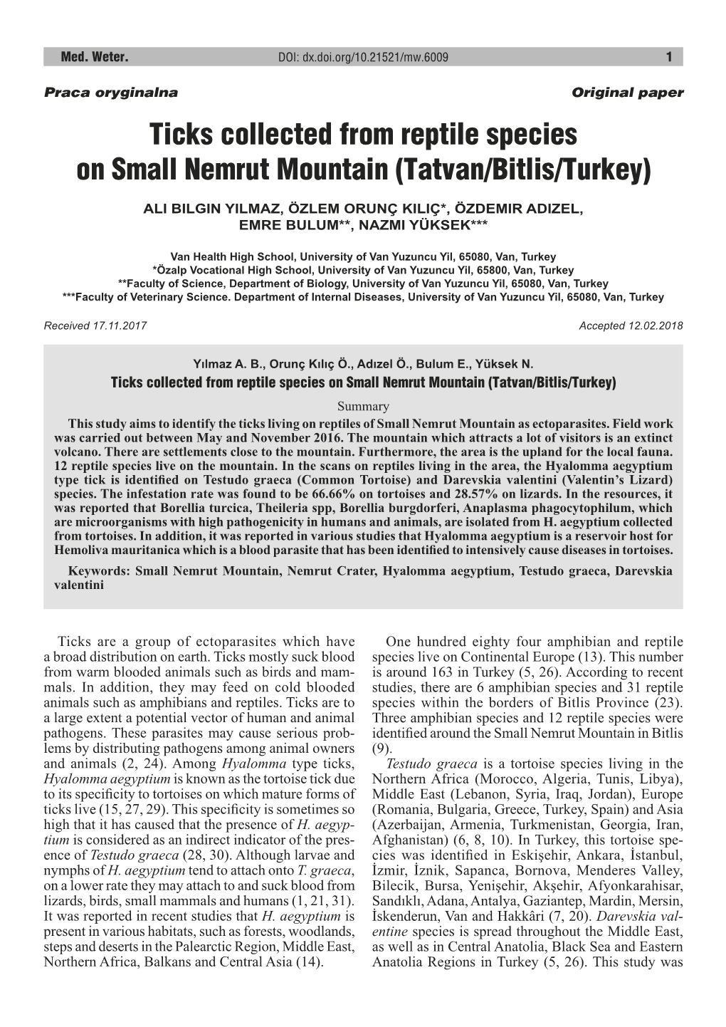 Ticks Collected from Reptile Species on Small Nemrut Mountain (Tatvan/Bitlis/Turkey)