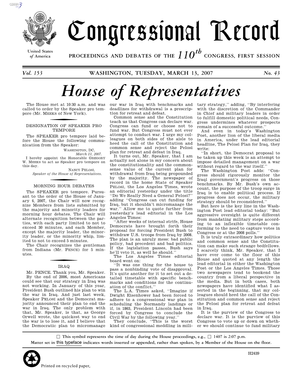 Congressional Record United States Th of America PROCEEDINGS and DEBATES of the 110 CONGRESS, FIRST SESSION