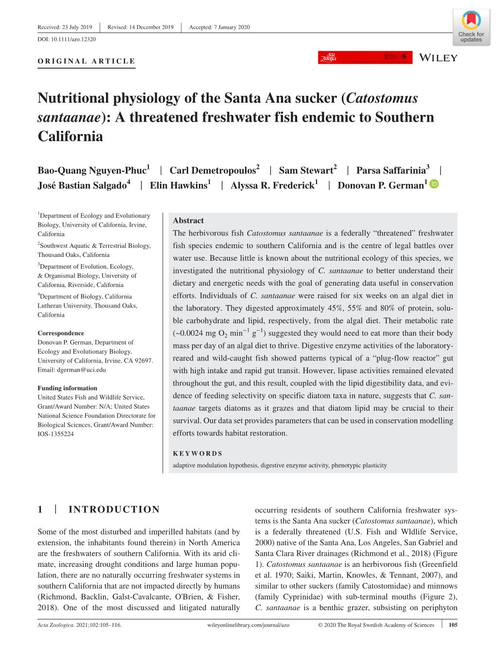 Nutritional Physiology of the Santa Ana Sucker (Catostomus Santaanae): a Threatened Freshwater Fish Endemic to Southern California