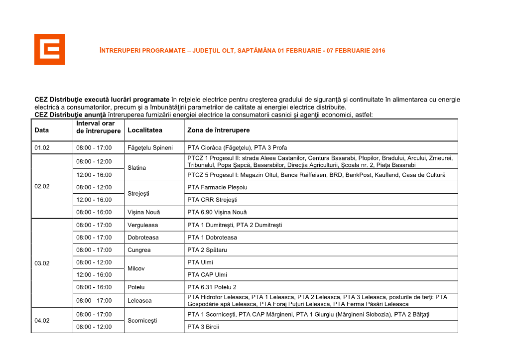 CEZ Distribuţie Execută Lucrări Programate În Reţelele Electrice