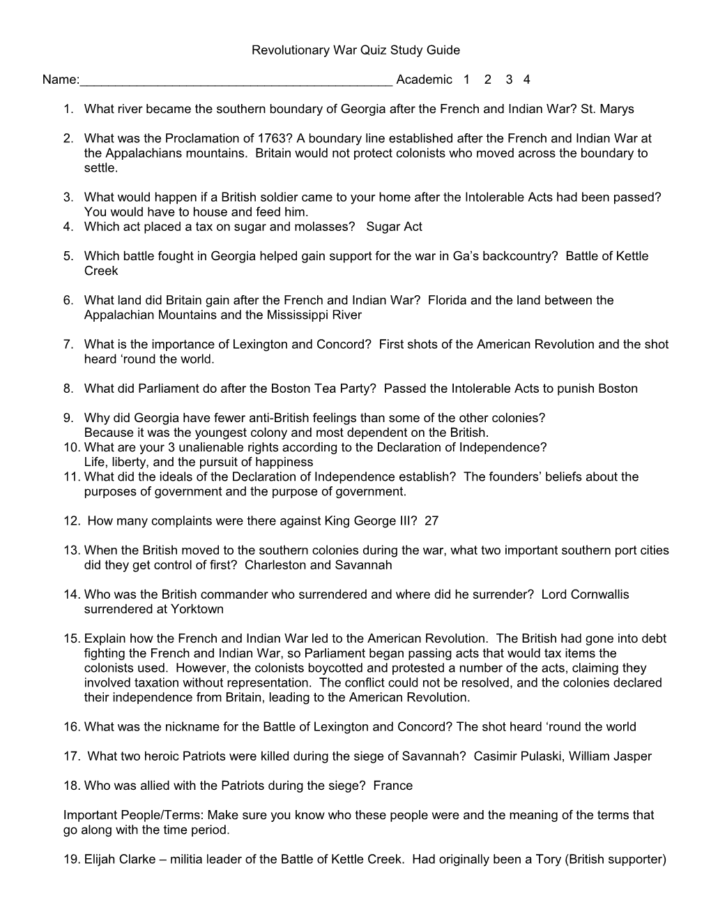 Revolutionary War Quiz Study Guide