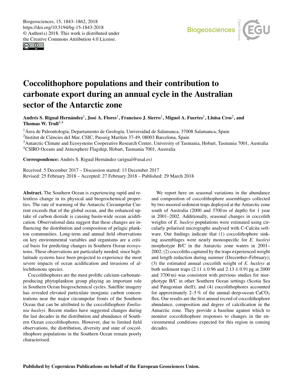 Coccolithophore Populations and Their Contribution to Carbonate Export During an Annual Cycle in the Australian Sector of the Antarctic Zone