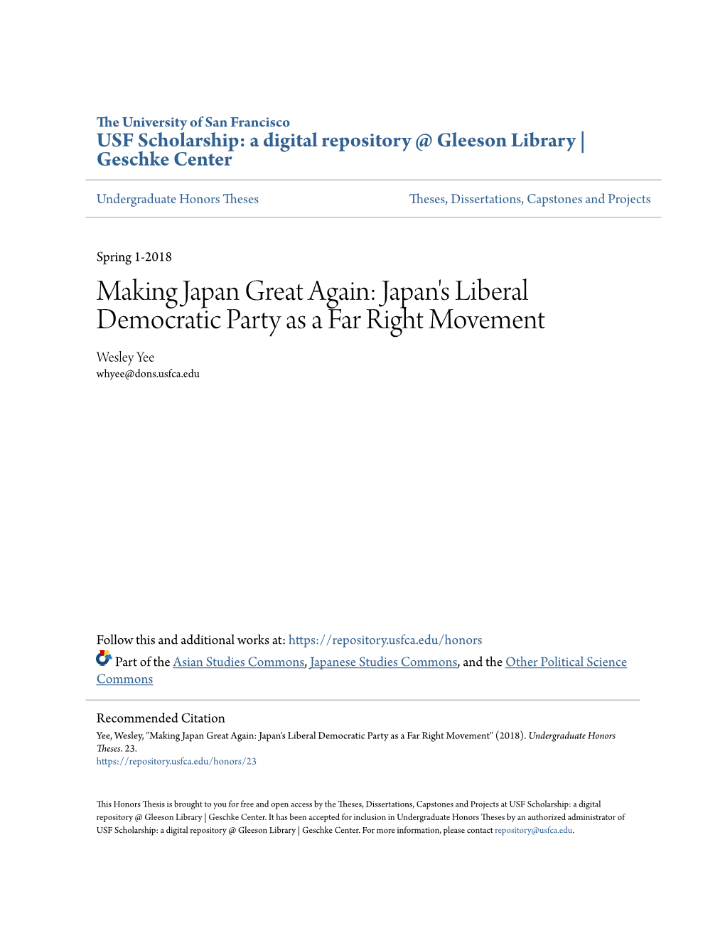 Japan's Liberal Democratic Party As a Far Right Movement Wesley Yee Whyee@Dons.Usfca.Edu