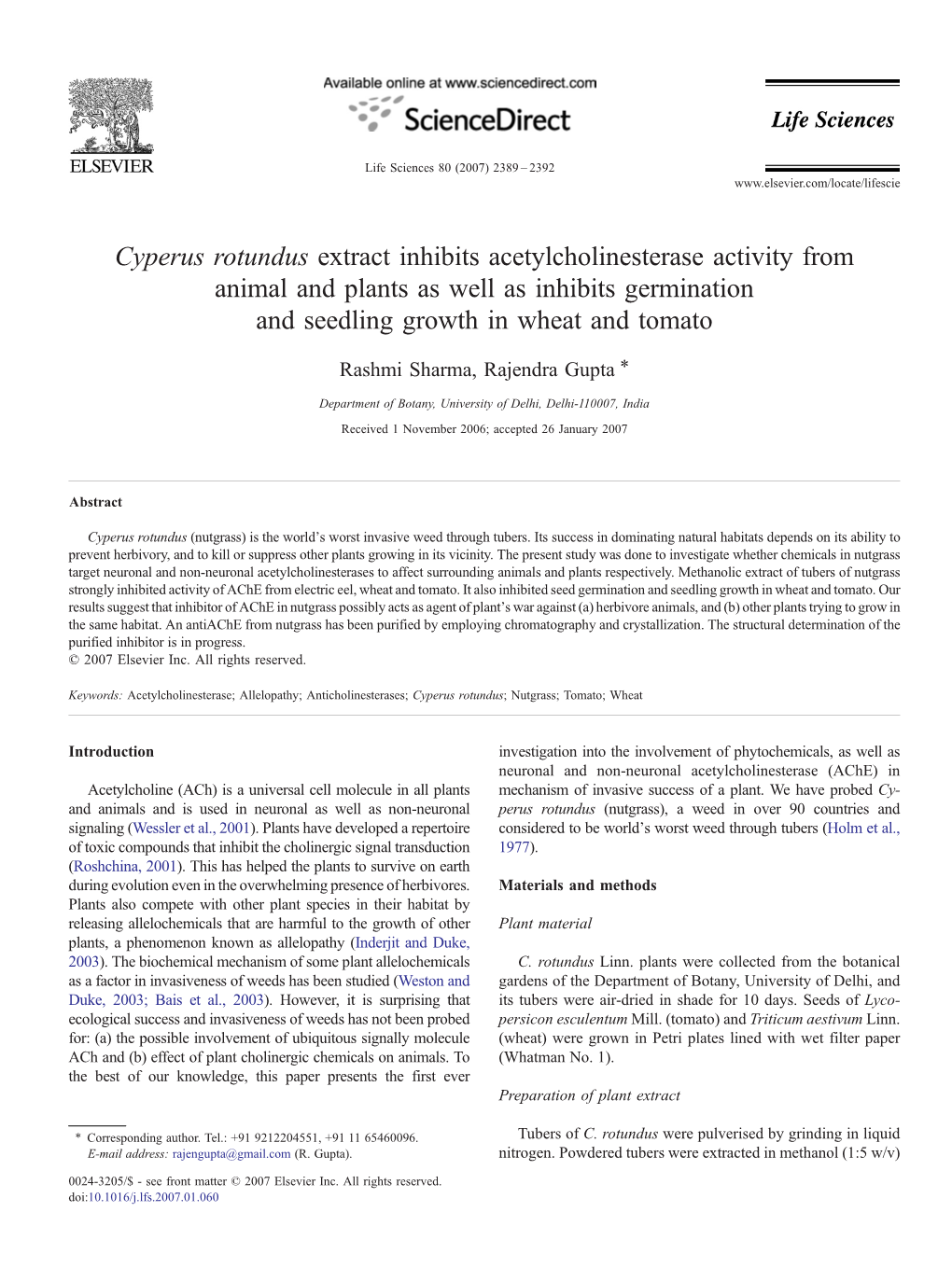 Cyperus Rotundus Extract Inhibits Acetylcholinesterase Activity From