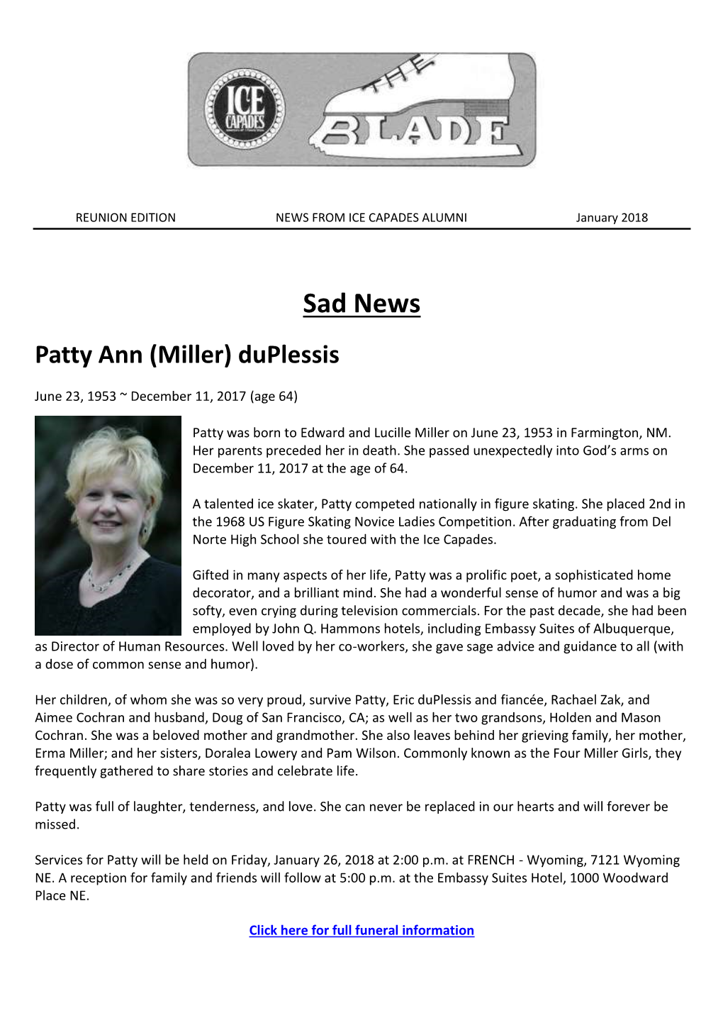 Sad News Patty Ann (Miller) Duplessis