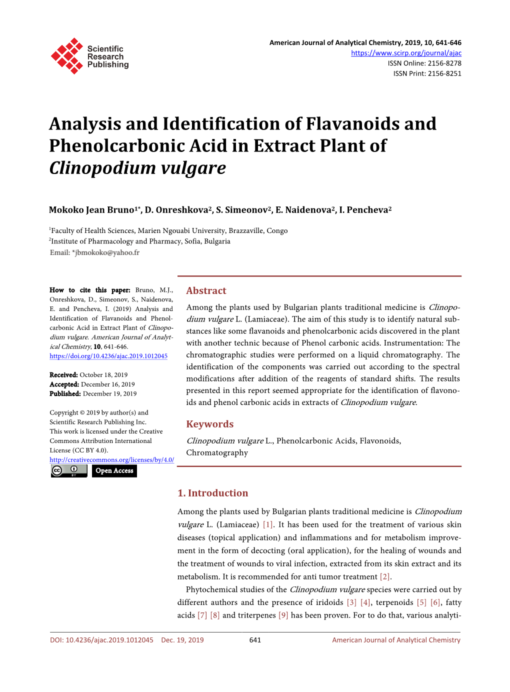 Analysis and Identification of Flavanoids and Phenolcarbonic Acid in Extract Plant of Clinopodium Vulgare