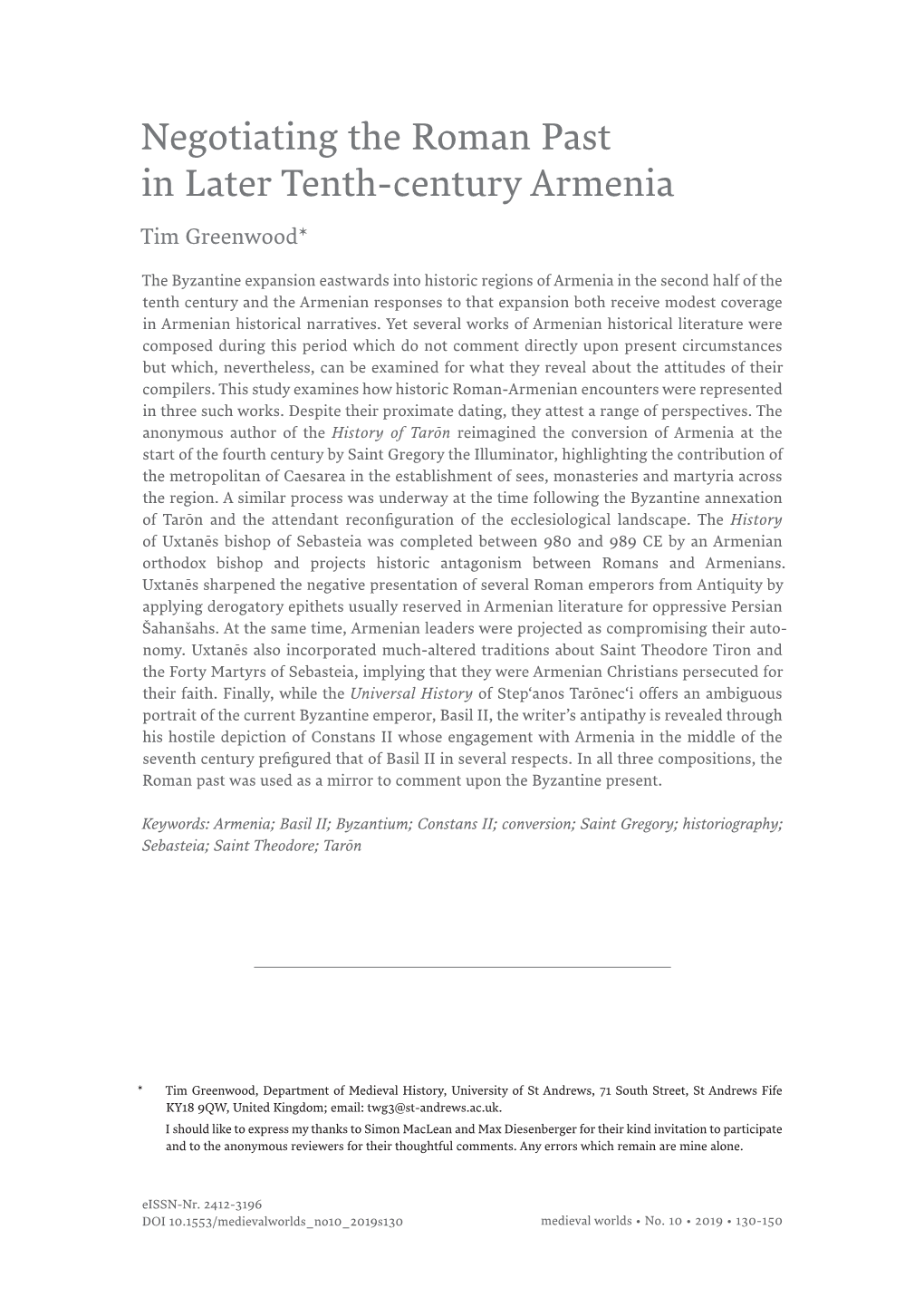 Negotiating the Roman Past in Later Tenth-Century Armenia