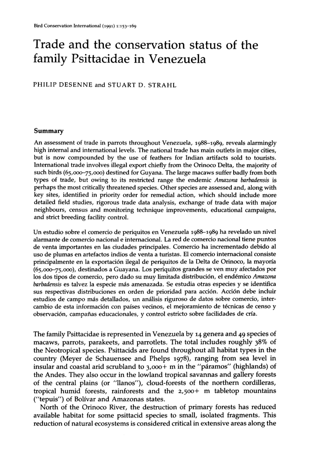 Trade and the Conservation Status of the Family Psittacidae in Venezuela