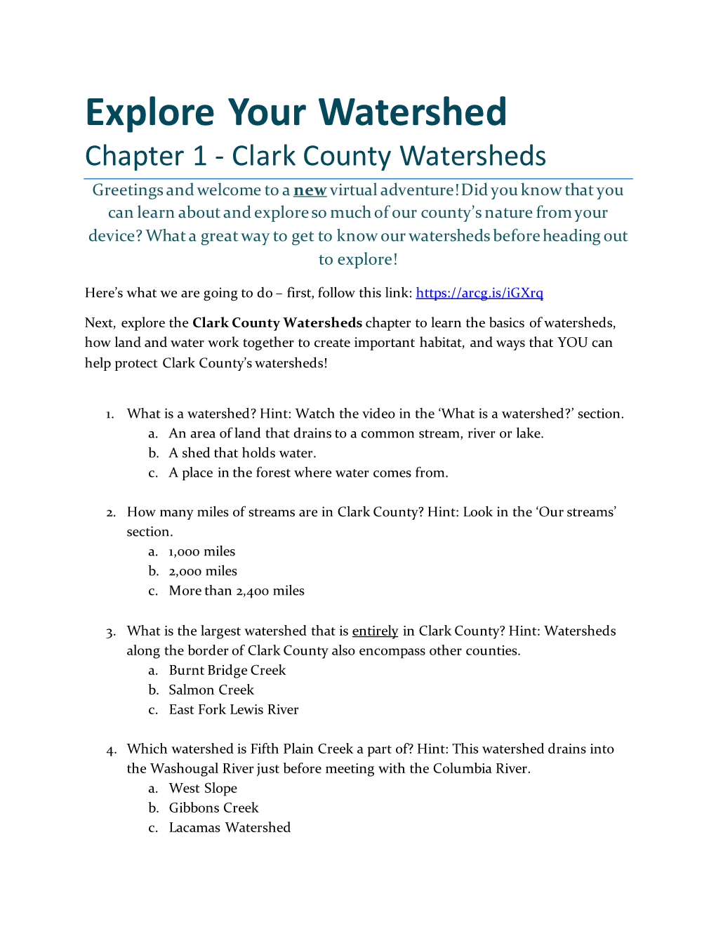 Explore Your Watershed Activity Sheet