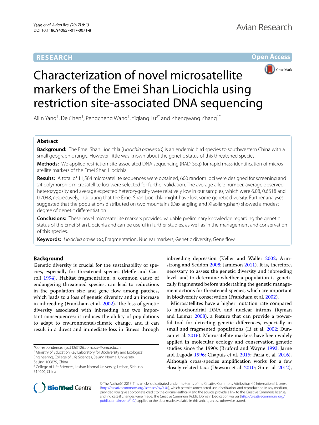Characterization of Novel Microsatellite Markers of the Emei Shan Liocichla Using Restriction Site-Associated DNA Sequencing