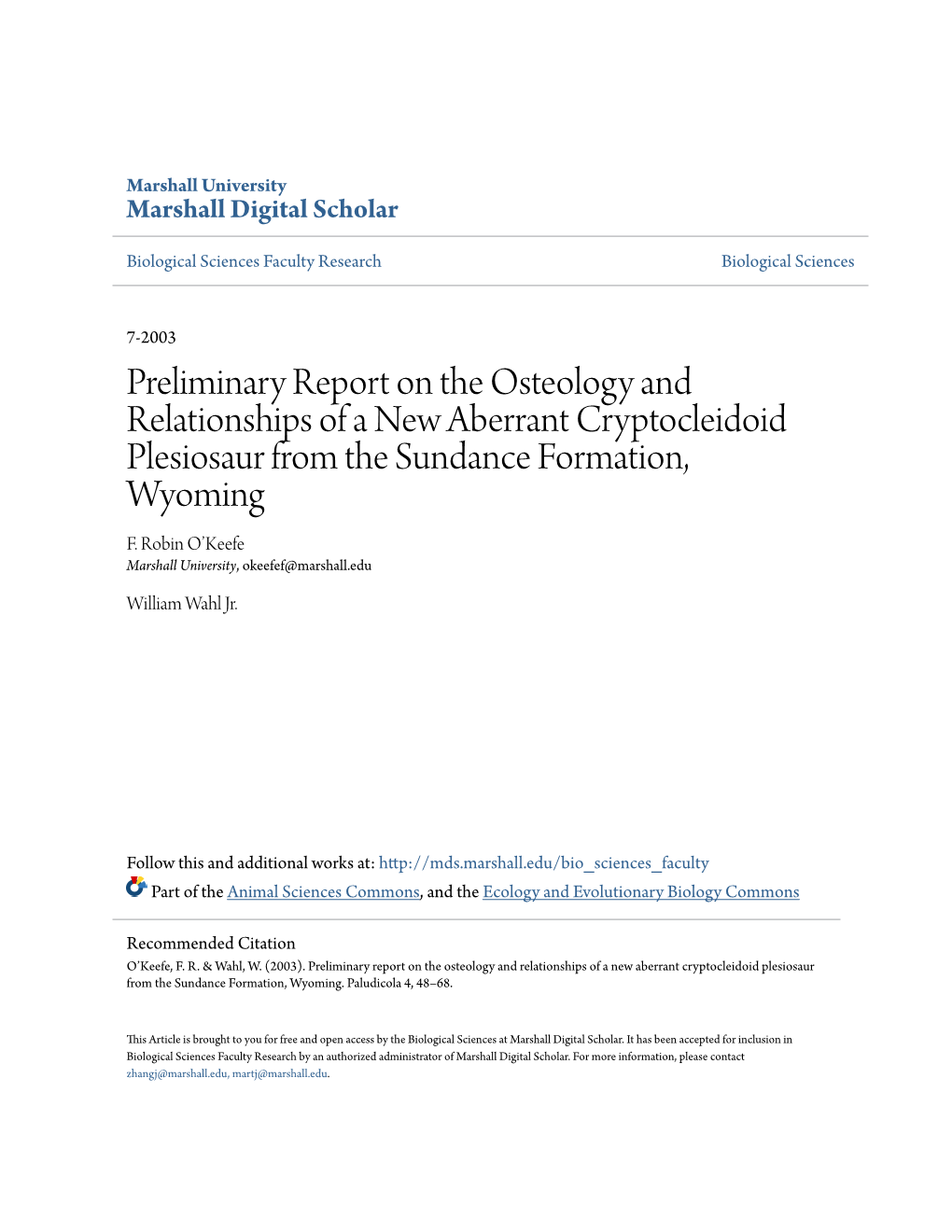 Preliminary Report on the Osteology and Relationships of a New Aberrant Cryptocleidoid Plesiosaur from the Sundance Formation, Wyoming F