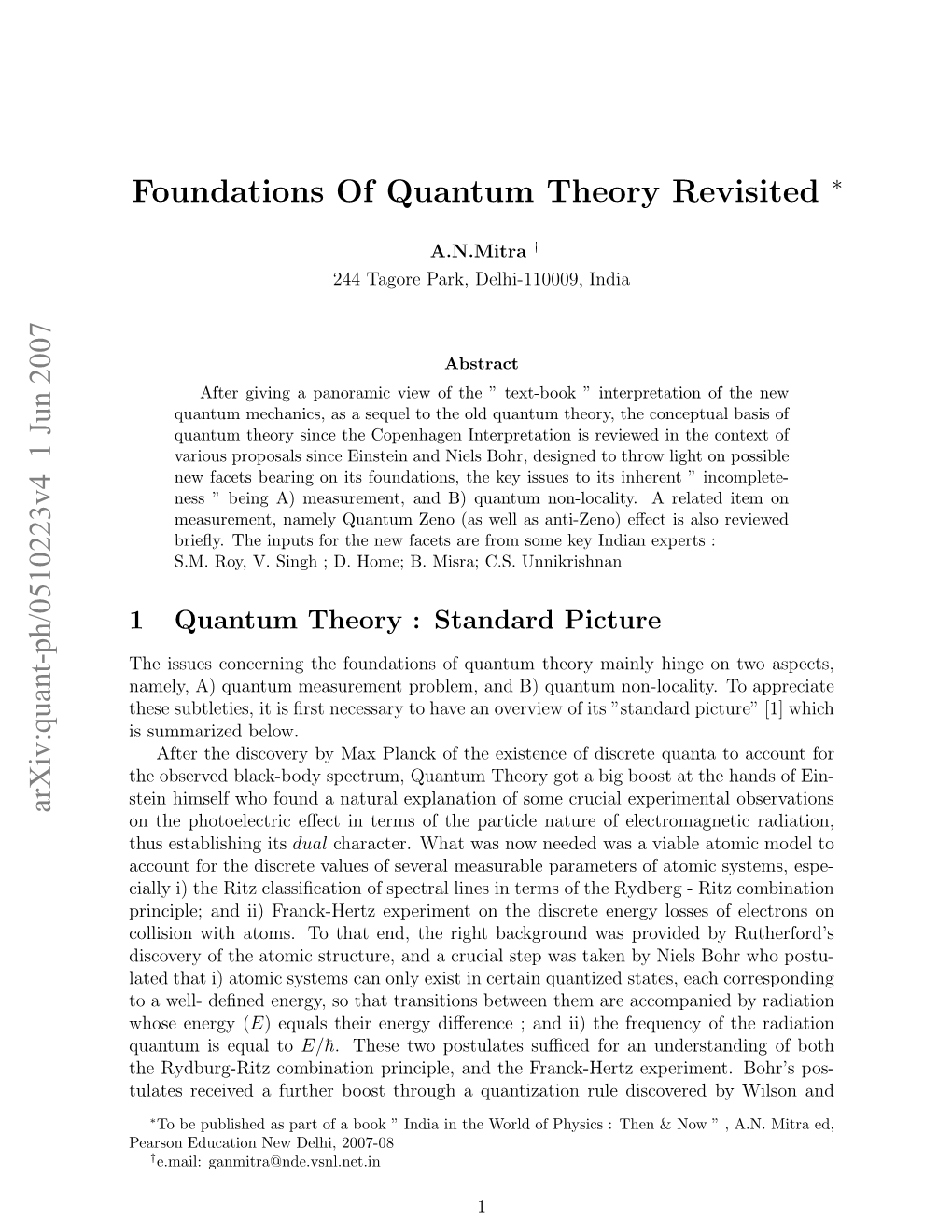 Arxiv:Quant-Ph/0510223V4 1 Jun 2007 Foundations of Quantum Theory Revisited ∗