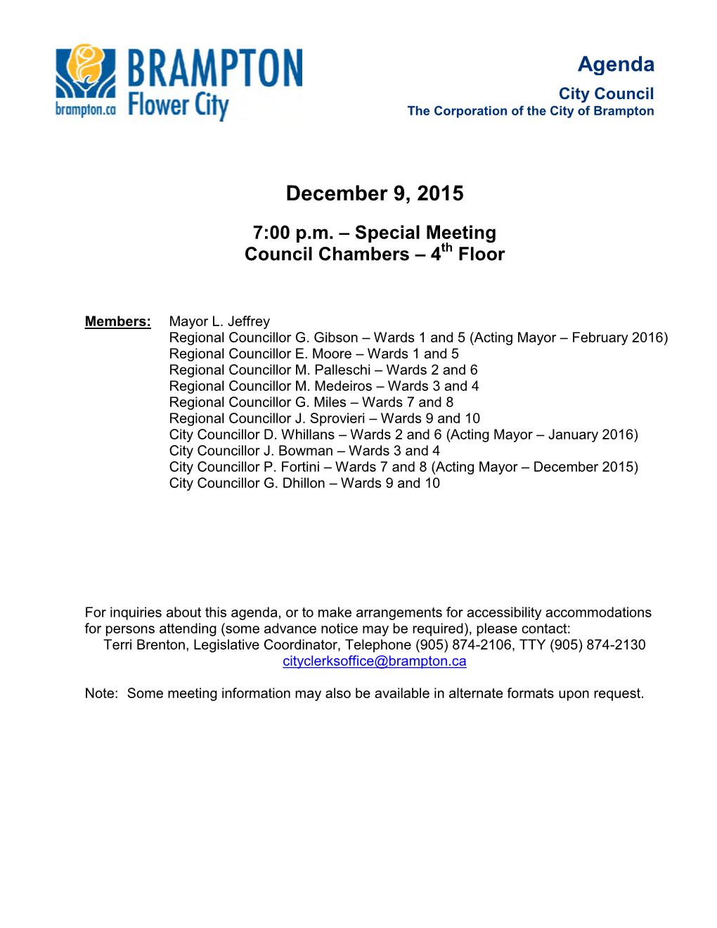 Special Council Agenda for December 9, 2015