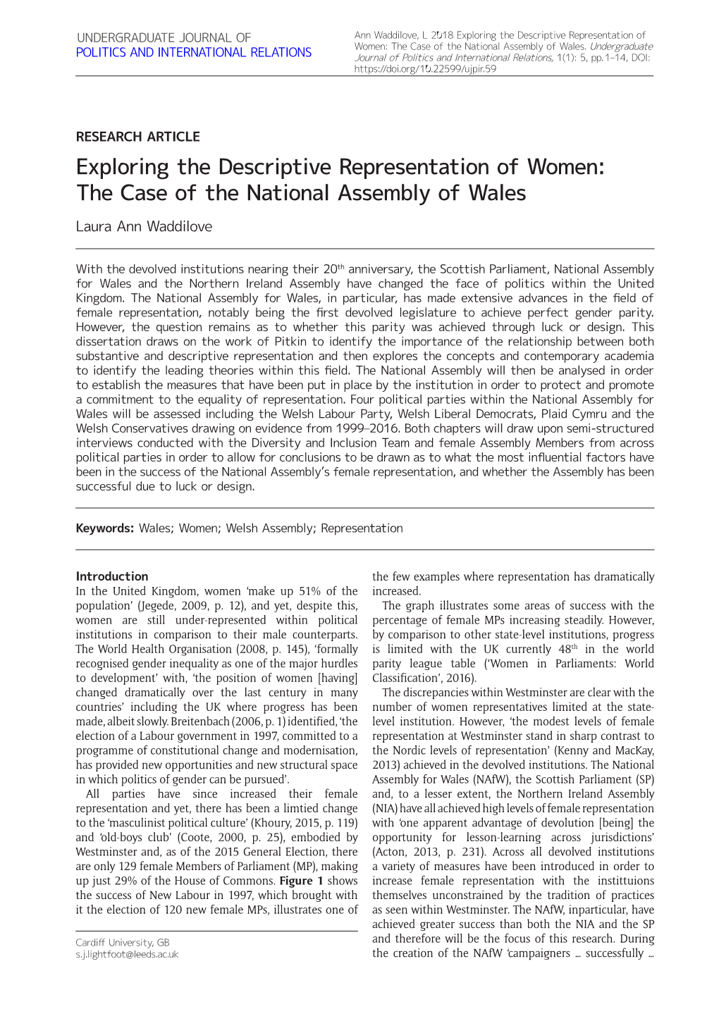 Exploring the Descriptive Representation of Women: the Case of the National Assembly of Wales