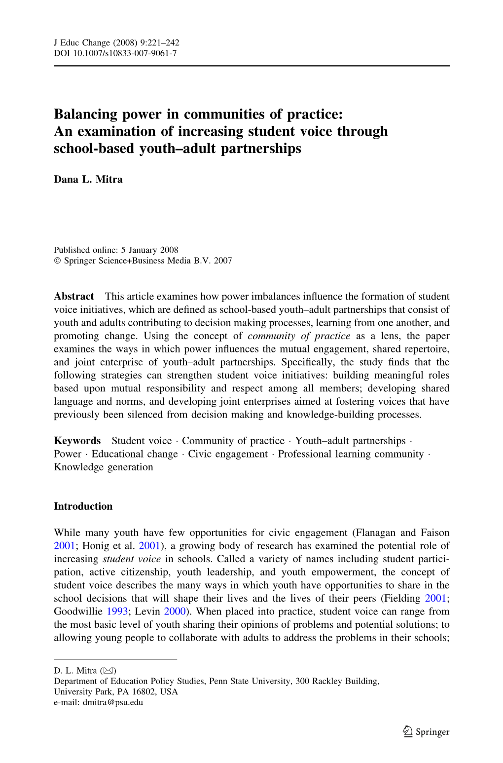 An Examination of Increasing Student Voice Through School-Based Youth–Adult Partnerships